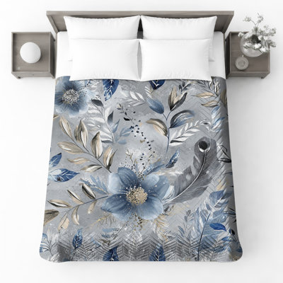Blue Floral Botanical Quilted Bedspread All Sizes