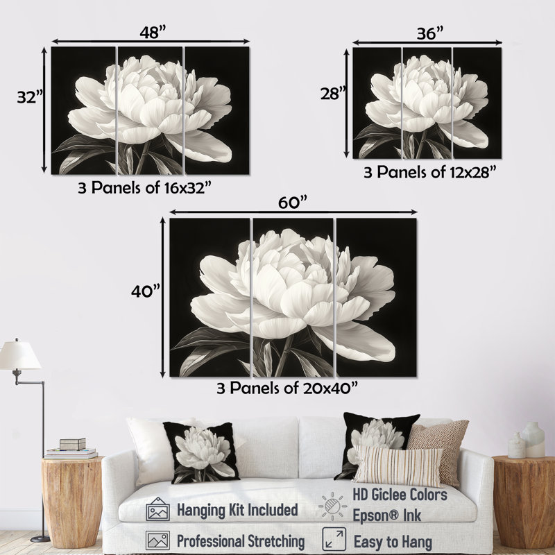 Pivoine blanche et noire élégante II - art mural pivoines - ensemble de 3, H 40 po x l 60 po, Toile tendue, Ne s’applique pas