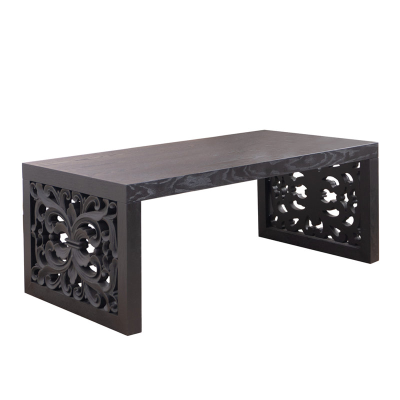 Table basse 47,2 "en bois sculpté noir massif - aspect fabriqué à la main avec panneaux latéraux ornés, Noir