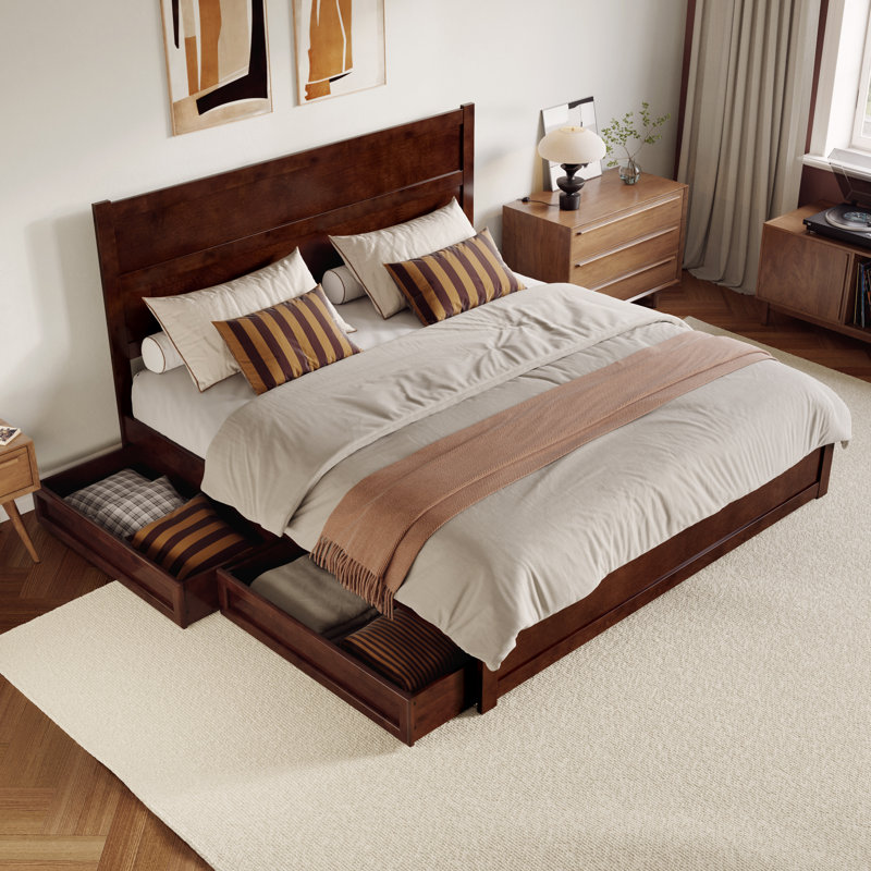 Aveline Wood Platform Bed with Storage Drawers, Walnut, King