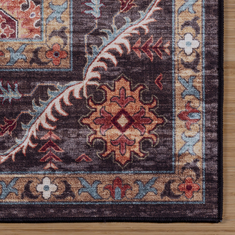 Samira Cullen Machine Washable Floral Border Brown Tan Cream Multi Indoor Area Rug, Transitional Flat Pile for Living Room & Bedroom - Brown, 2x6 Runner