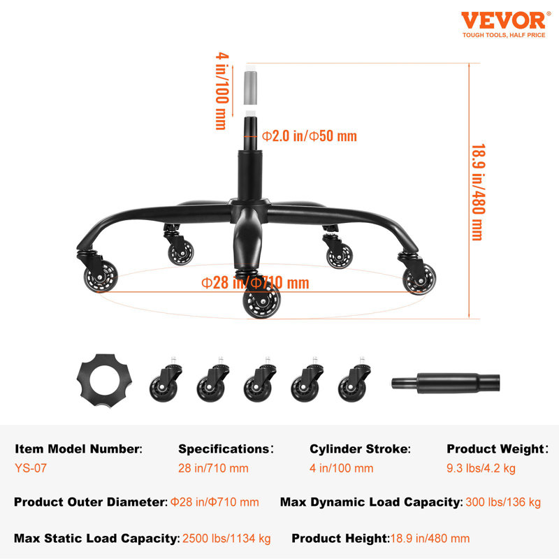 Remplacement de la base de la chaise de bureau, 28 po, capacité de charge statique de 2500 lb, partie de base de tabouret de bureau d'ordinateur robuste avec 5 roulettes et bouteille de gaz, remplacement de la base de la chaise de bureau, noir