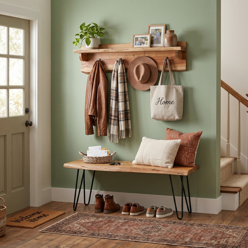 Bexton Industrial Solid Wood Metal Hairpin Live Edge Wall Mounted Coat Shelf And Bench With Storage, 18" H x 36" W x 14" D