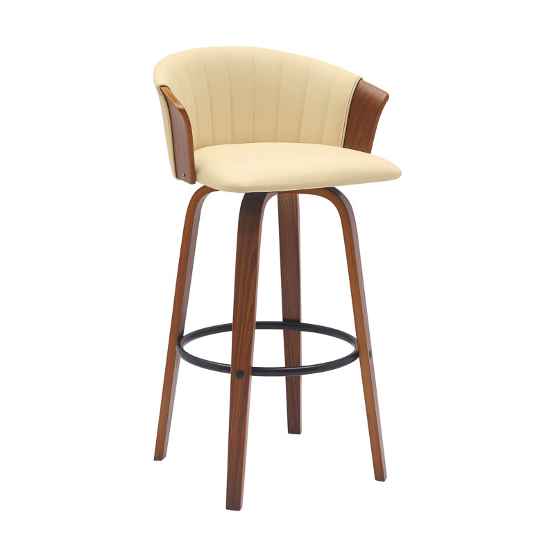 30" Swivel Walnut Wood Bar Stool In Cream Faux Leather