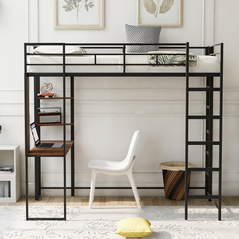 Lit mezzanine en métal avec 2 tablettes et un bureau, Noir