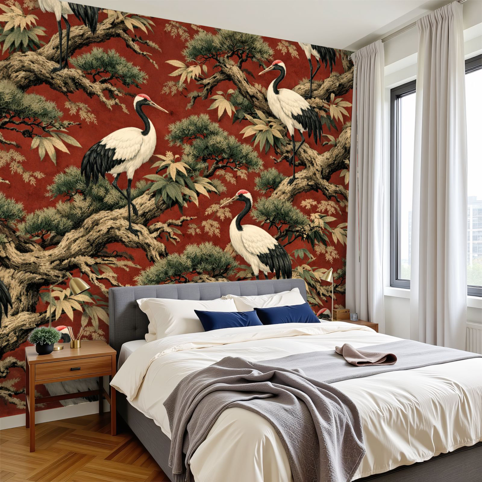 Stylized Stick Trinx Peel and Stick Wallpaper Elegant Black Cranes Stylized Pine Trees ...