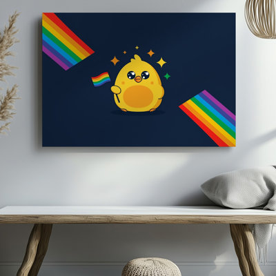 Toile, illustration fantaisiste de style dessin animé mettant en vedette un mignon poussin jaune rond tenant un petit drapeau arc-en-ciel posé sur une toile