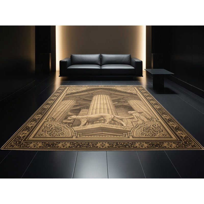 Tapis oriental iranien brun et beige lavable à la machine Pelico Persepolis Ruins, 8 x 12