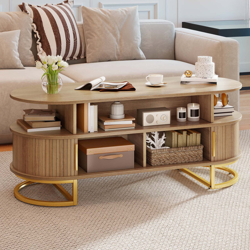  47.2" Oval Coffee Table With Curved Sliding Doors & Storage