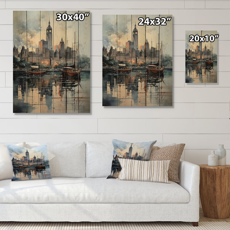 Impression sur bois, crépuscule sur le port de New York, H 32 po x l 24 po x P 0,78 po