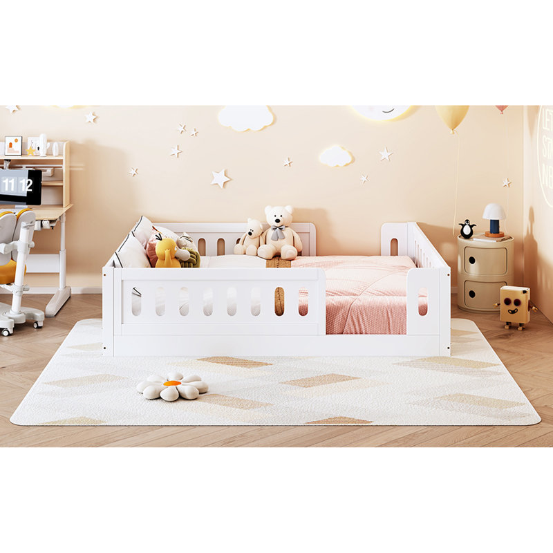 Lit plateforme double en bois avec garde-corps, Blanc