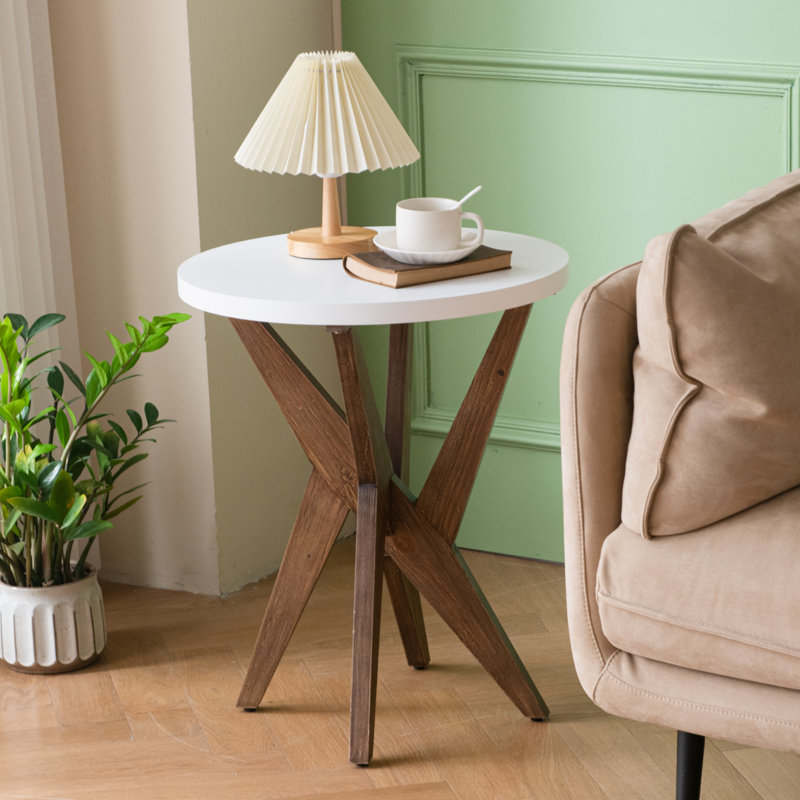Jahey Wooden Crossed Legs Round End Table with Smooth Top and Sturdy Four-Leg Base, 1, White Top/Brown Base
