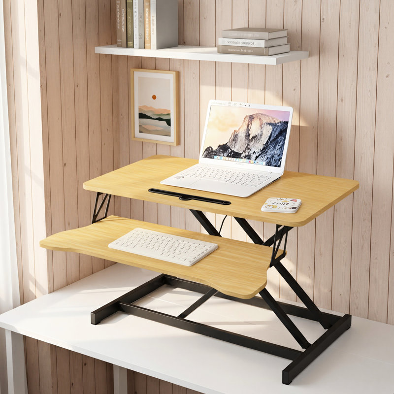 Poste de travail assis-debout 32 pouces avec double moniteur et ordinateur portable, hauteur réglable pour un bureau d'ordinateur debout, palette de couleurs naturelles sur la surface, surface de travail 31,5 x 15,7
