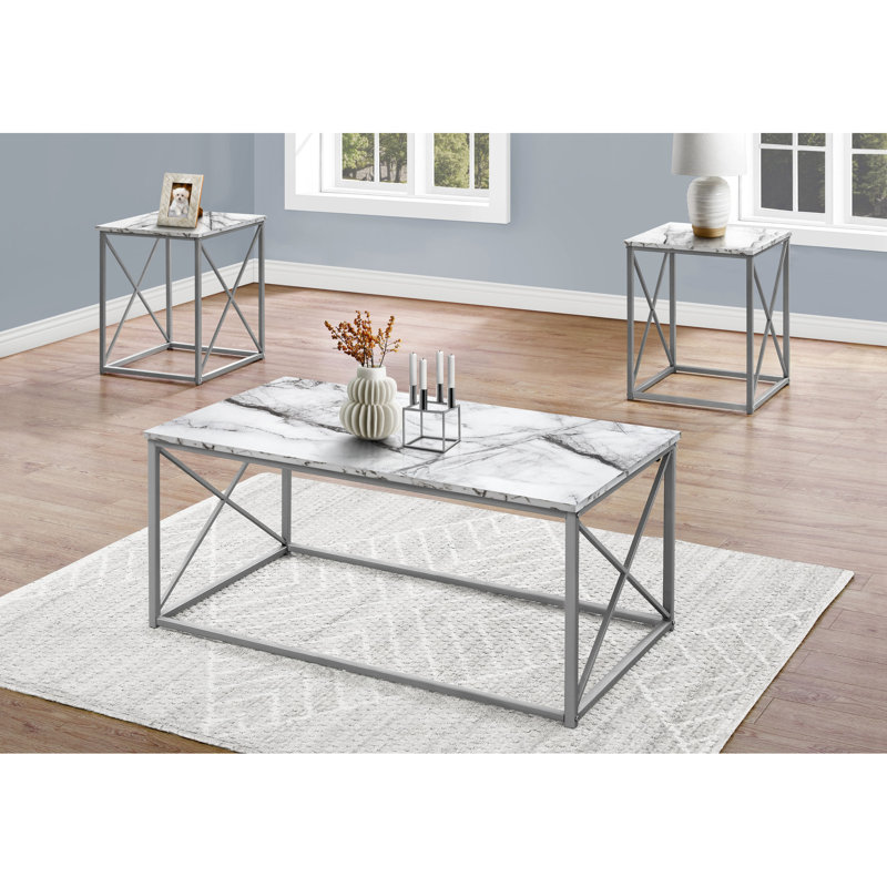 Table moderne 3 pièces - table basse et 2 tables de bout, motif en marbre blanc, surface en métal gris 3 pièces, semblable au marbre