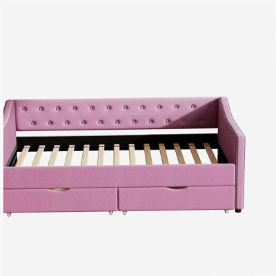 Twin Size Daybed with Drawers Upholstered Tufted Sofa Bed, with Button on Back and Piping on Waved Shape Arms-Pink