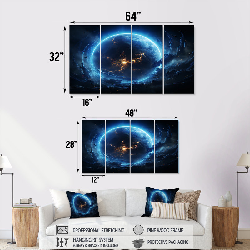 4 pièces d'art mural blanc et bleu avec espace cosmique, H 28 po x l 48 po