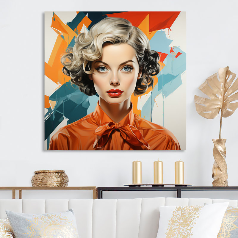 Portrait de femme orange et vert Mid Century II - Pop Art, art mural en métal, H 16 po x l 16 po