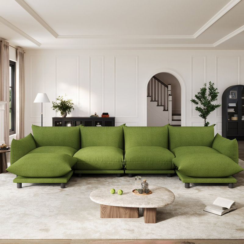 Canapé modulaire en U avec repose-pieds pour salon Raeshell 125,8 po, Vert