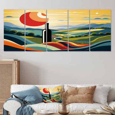 Ensemble de 5 pièces d'art mural "Bouteilles de vin dans un paysage italien I"