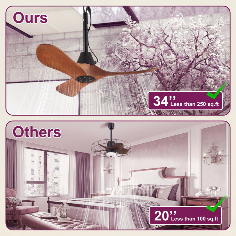 34" Farmhouse 3-Blade Ceiling Fan with Remote - Plug-in or Hardwire, Damp-Rated for Covered Patios, Gazebos & Pergolas