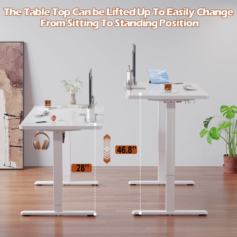 39.4” W White Electric Height Adjustable Standing Desk, White, 28" H x 39.4" W x 23.6" D