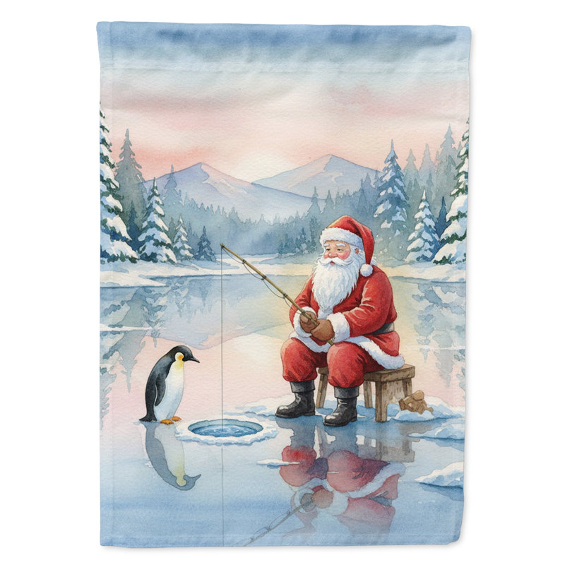 Père Noël pêchant sur la glace sur le lac, drapeau de la maison de Noël, House Size, Père Noël pêchant sur le lac