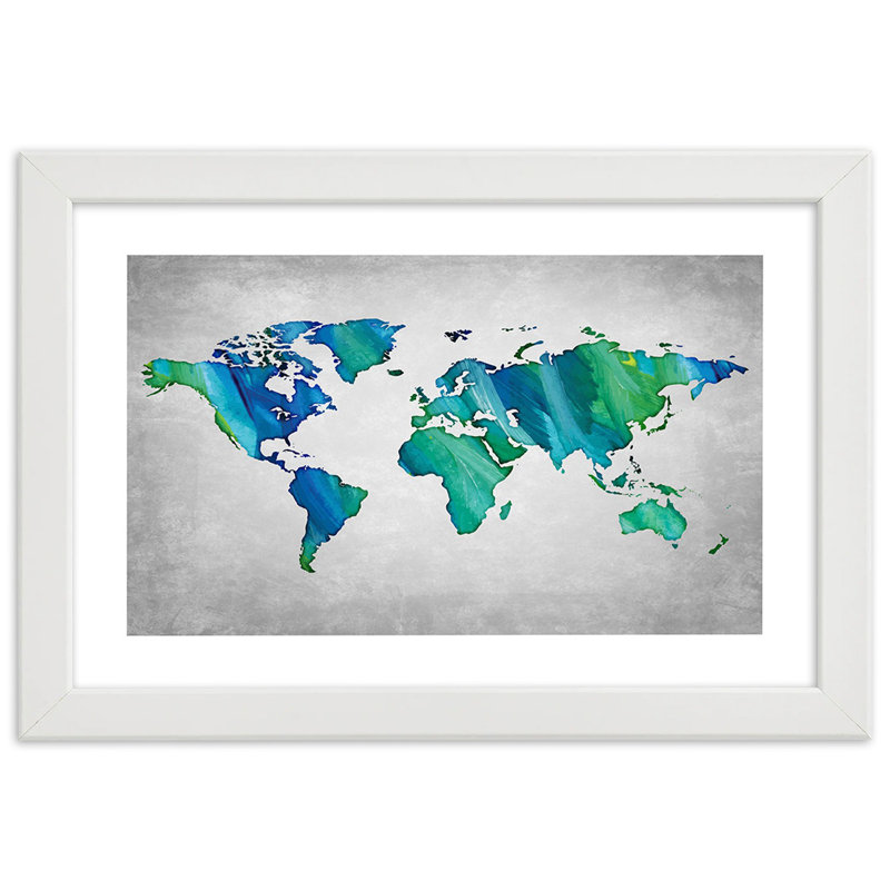 World Map. Colourful Desk - Single Picture Frame Print, 70cm H x 100cm W, White