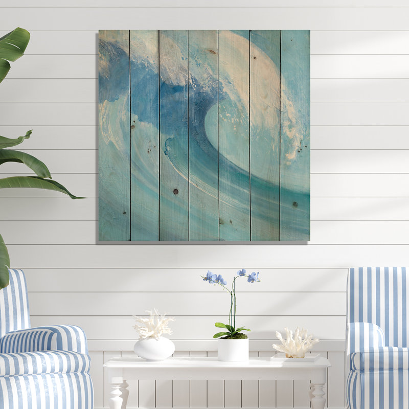 Vague d'océan peinte à la main avec de la mousse blanche - impression nautique et côtière sur bois de pin naturel