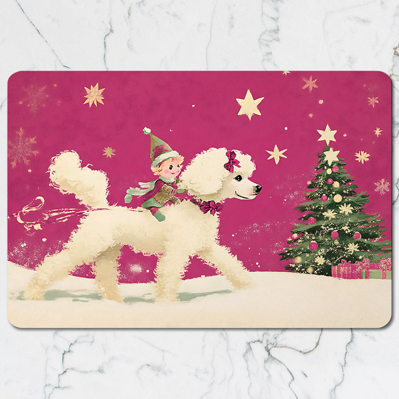 Christmas Themed Placemat and Coaster Set With White Fluffy Dog and Child Scene