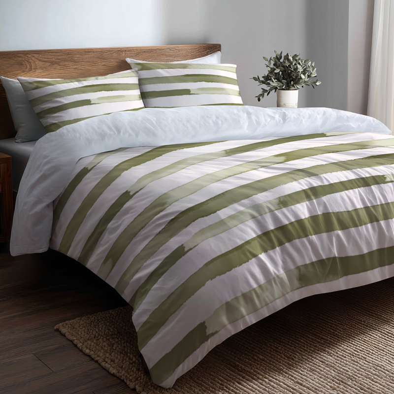 Ensemble d'édredon rayé 6 pièces - Ensemble de literie et coussin décoratif vert campagne et vert olive