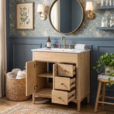 Meuble-lavabo autoportant de 76 cm avec lavabo en céramique et rangement à fermeture en douceur, structure en bois massif (bois naturel)