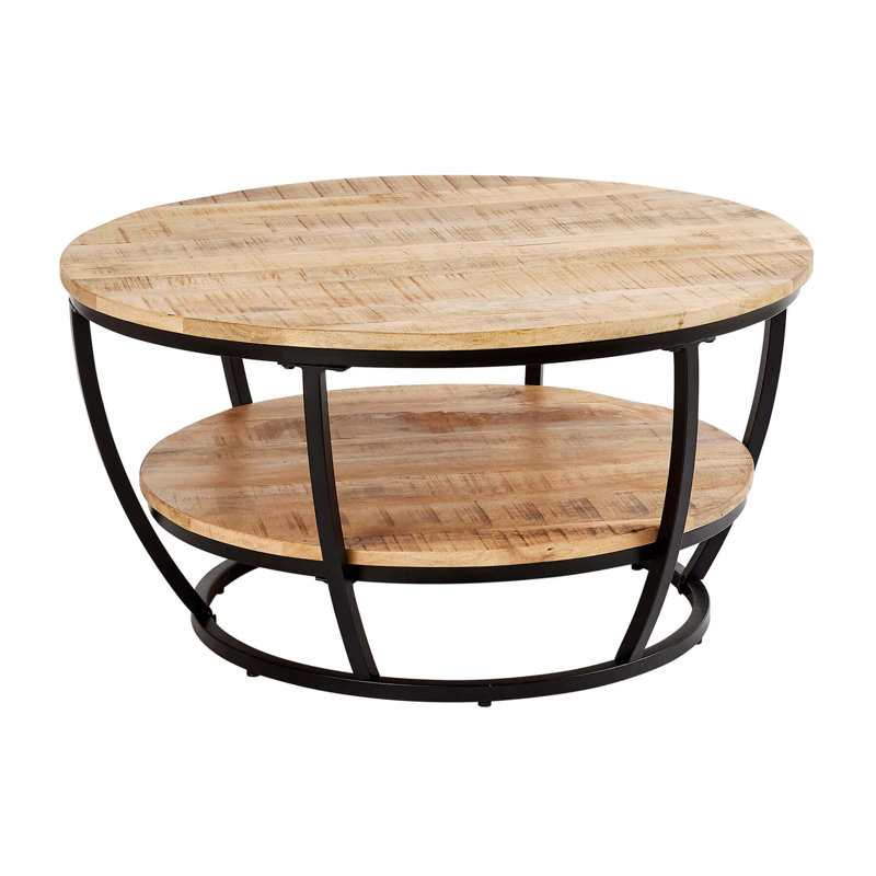 Afsar Solid Wood Round Coffee Table with Storage Shelf