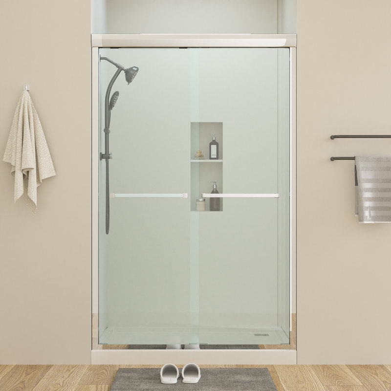 Porte de douche coulissante demi-cadre l 48 po x H 76 po, porte de douche en verre trempé transparent de 8 mm à ajustement réglable