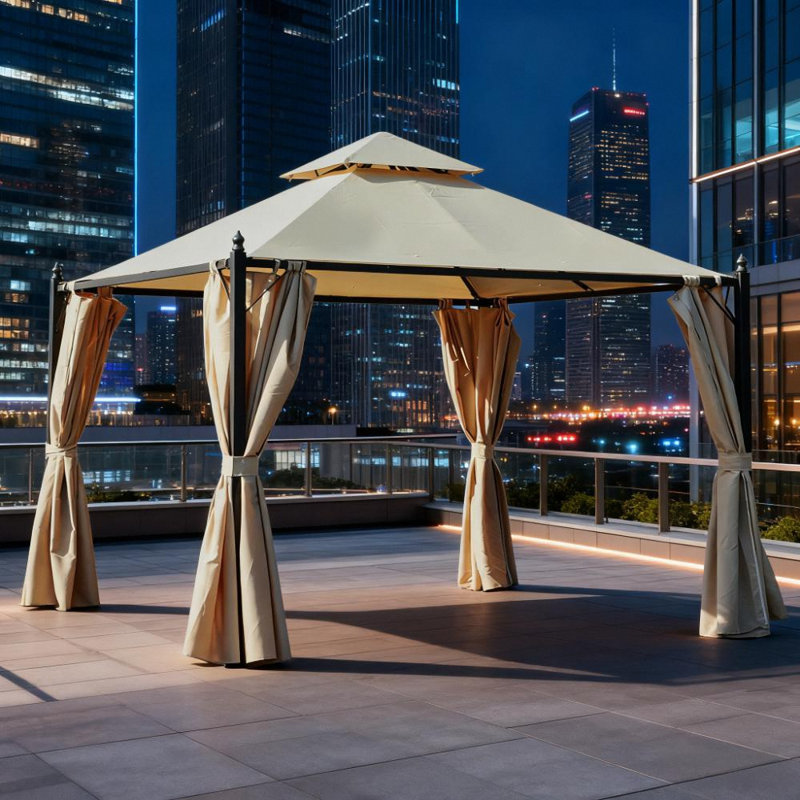 Pavillon de jardin extérieur en acier 10 'x 10' avec rideaux d'intimité en polyester