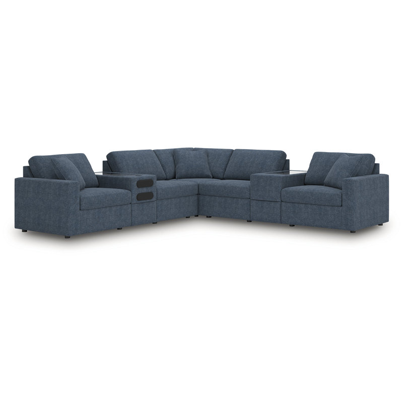 Canapé modulaire équilibré 7 pièces avec audio et consoles de rangement Depew, Polyester bleu