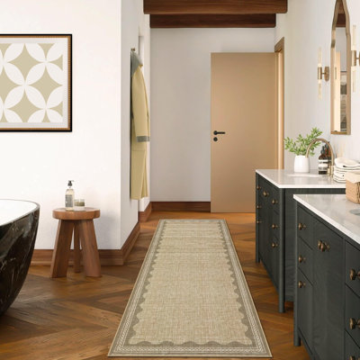 2'x6' Washable Scalloped Runner Rug – Non-Slip Low Pile Modern Carpet for Hallway, Kitchen, Bedroom & Laundry, Natural