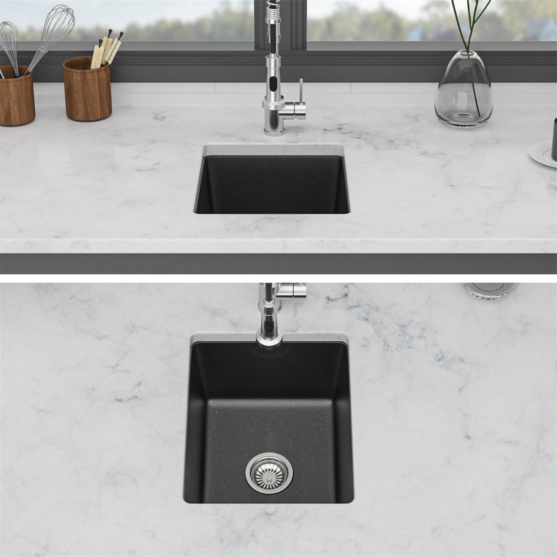 Évier de cuisine en quartz - Évier de cuisine à simple cuve en composite de granit noir encastrable 14,82 po x 17,55 po x 8,38 po