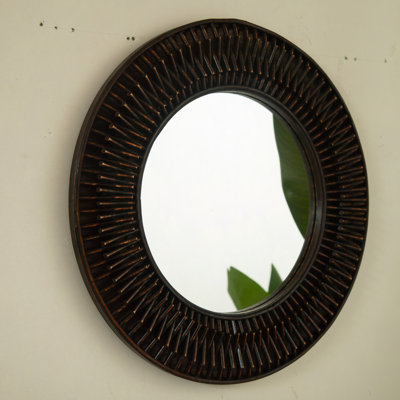 24" Mirror, Dark Bamboo Artistry Circle Wall Mirror, Natural Log-Style, Suitable For Bathroom, Bedroom, Living Room, Entryway