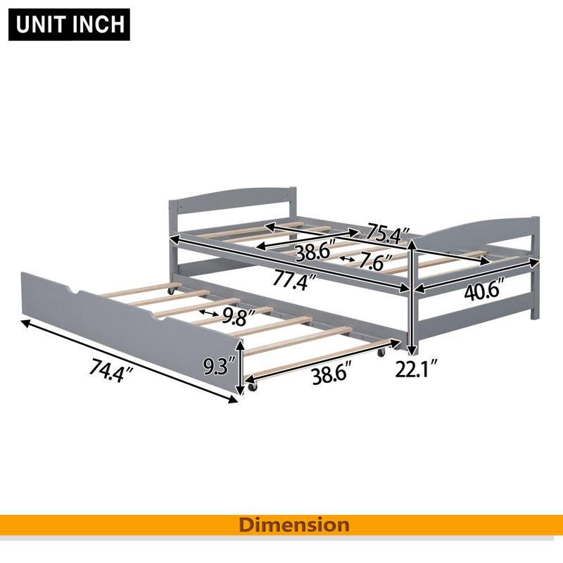 Lit plateforme simple avec lit gigogne simple, Gris
