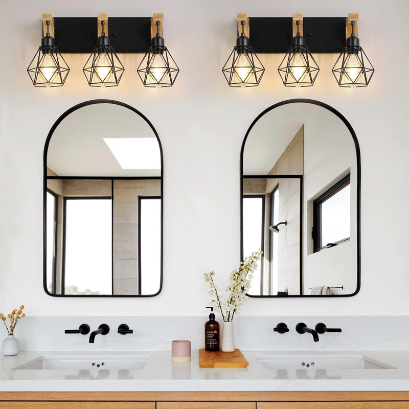 Applique murale en bois à 3 lumières avec abat-jour en métal Farmhouse Vanity