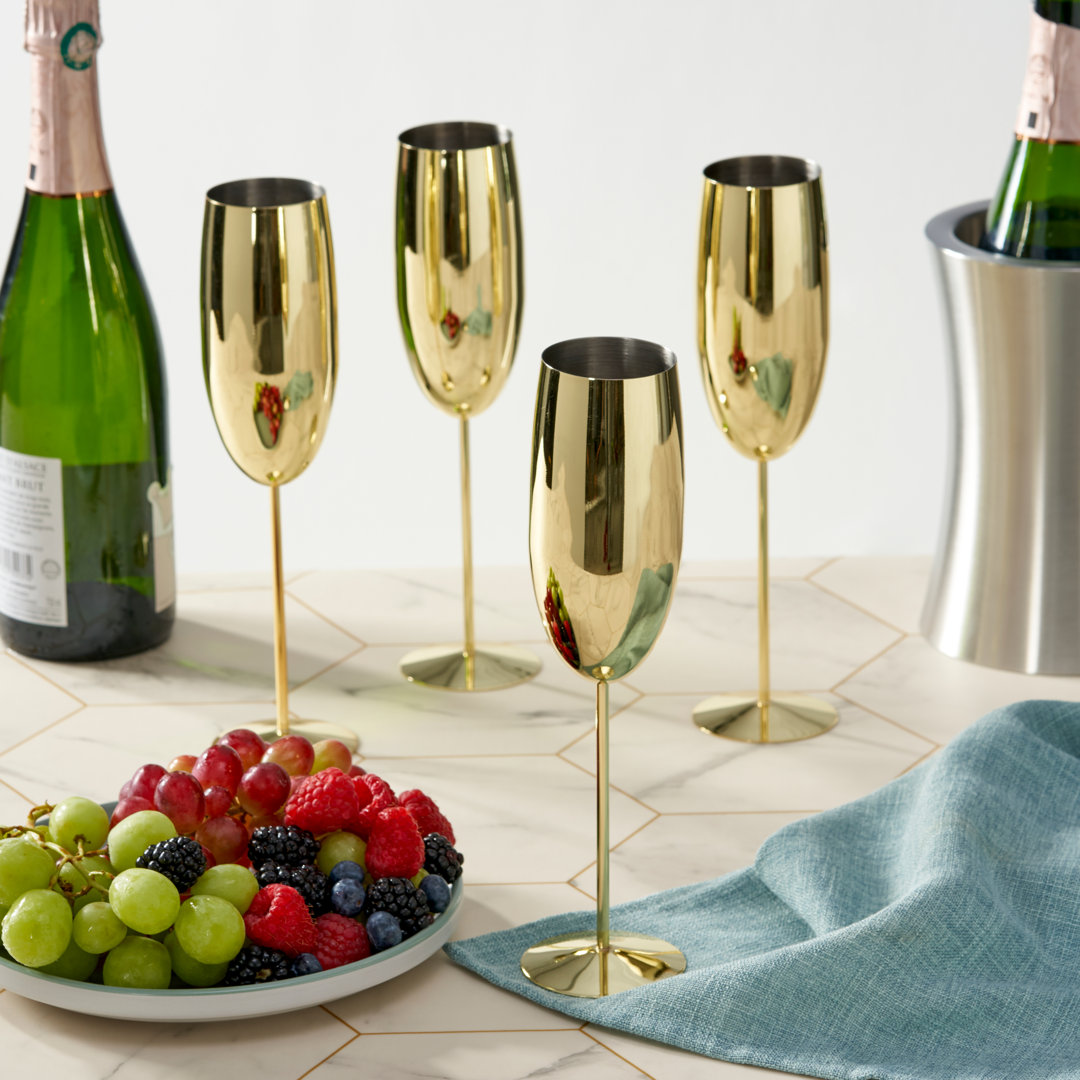 4 Gold Champagne Flutes, Stainless Steel Shatterproof Party Glasses Gift Set - 285Ml