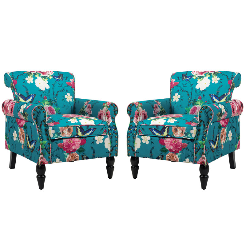 Upholstered Linen Armchair, Blue Floral Linen