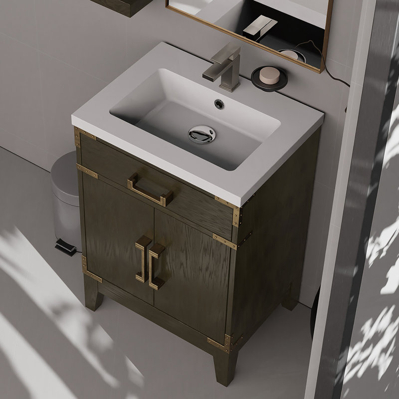 Meuble-lavabo simple 20 po X P 18 po D, comptoir en acrylique, 18 po Ensemble miroir et robinet, Chêne brun, 24.05"