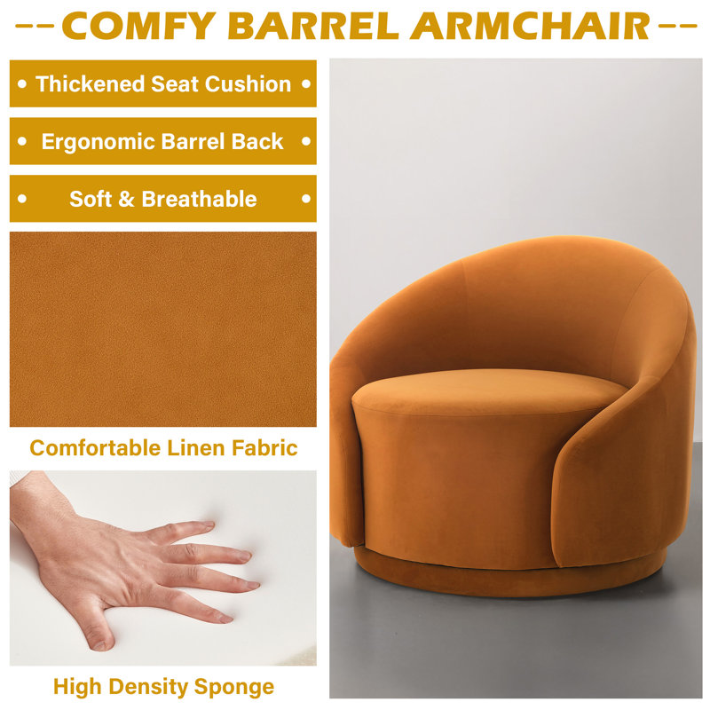 Aunna Upholstered Swivel Barrel Chair, Orange Velvet