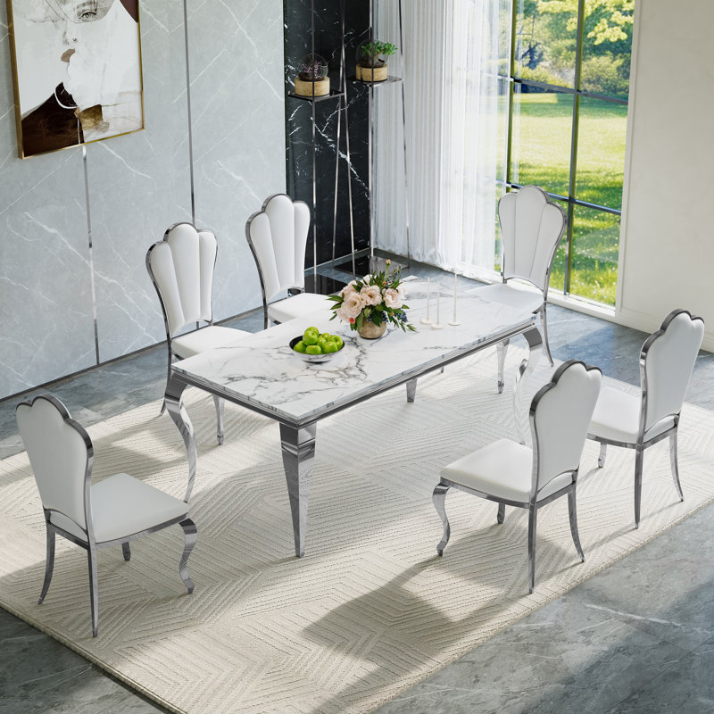 7-Piece Modern Dining Table Set with Faux Marble Top and Upholstered Chairs – Rectangular Table for 6, Stainless Steel Legs
