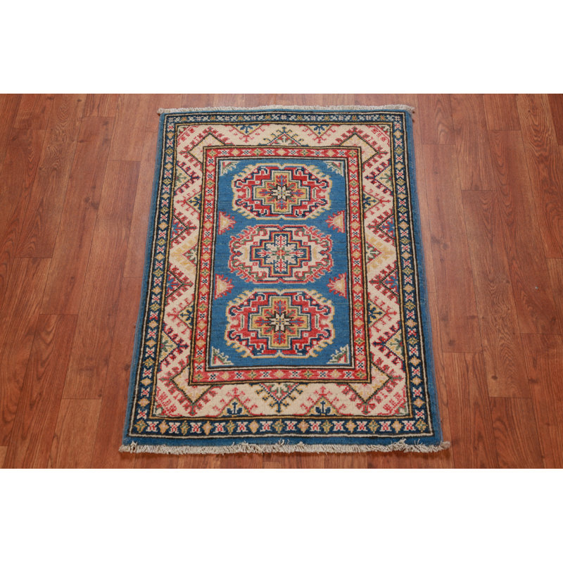 Tapis décoratif oriental fait à la main bleu Kazak 2x3