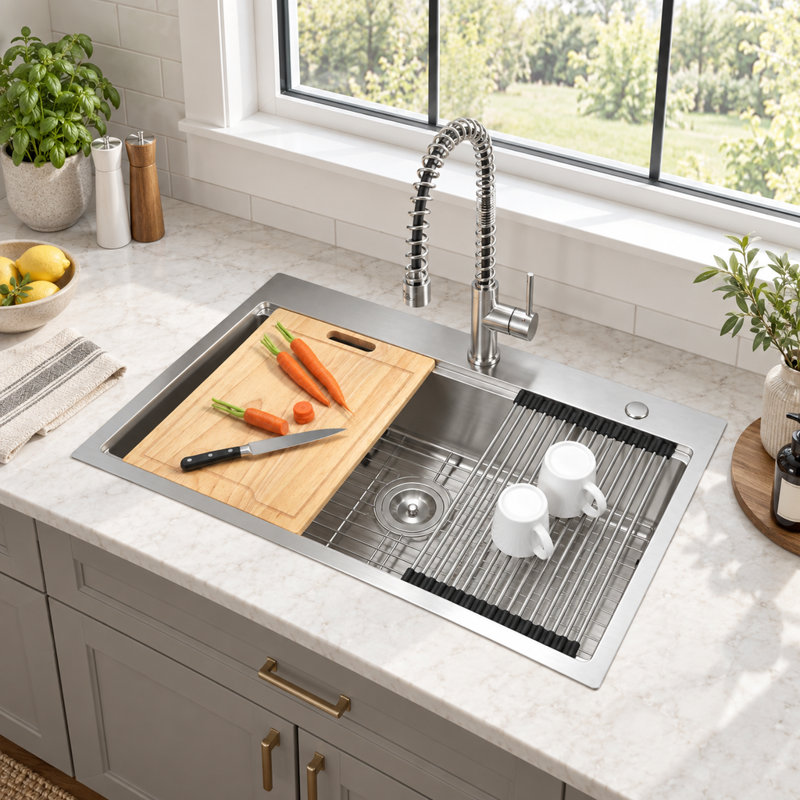 33.01 x 19.01 x 9.01 Inch Drop In Kitchen Sink in Brushed Nickel Stainless Steel