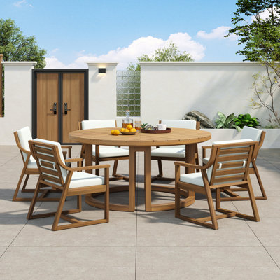 Herald 7 - Piece Patio Dining Table Set, Seats 6, Solid Wood, Umbrella Hole Design, With Cushioned Chairs, Modern Farmhouse, Outdoor Use