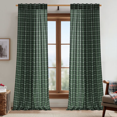 NICETOWN Rustic Grid Pattern Linen Light Filtering Plaid Curtains for Living Room Dining Room, Farmhouse Rod Pocket Back Tab Semi Sheer Window Curtains, 1 Pair