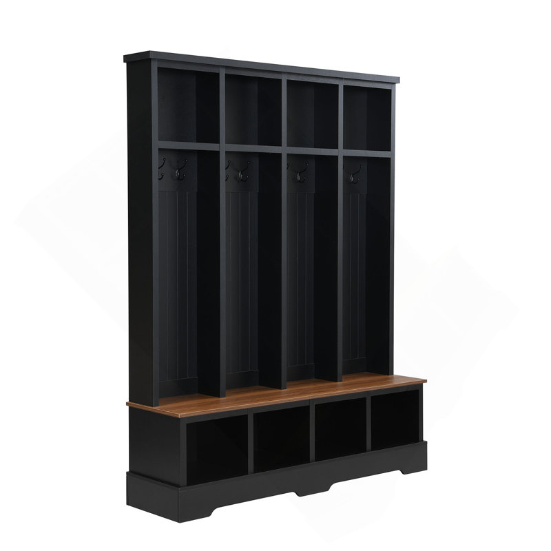 Farmhouse 59"W Wide Hall Tree With 8 Hooks, Practical Entryway Bench With Open Compartments, 76.7"H Modern 3-In-1 Wooden Style Coat And Shoe Rack For Mudroom, Living Room